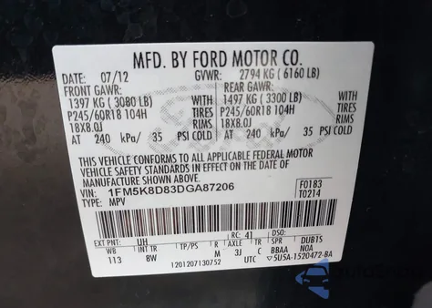 2013 Ford Explorer Xlt z USA, uszkodzony, nr VIN 1FM5K8D83DGA87206